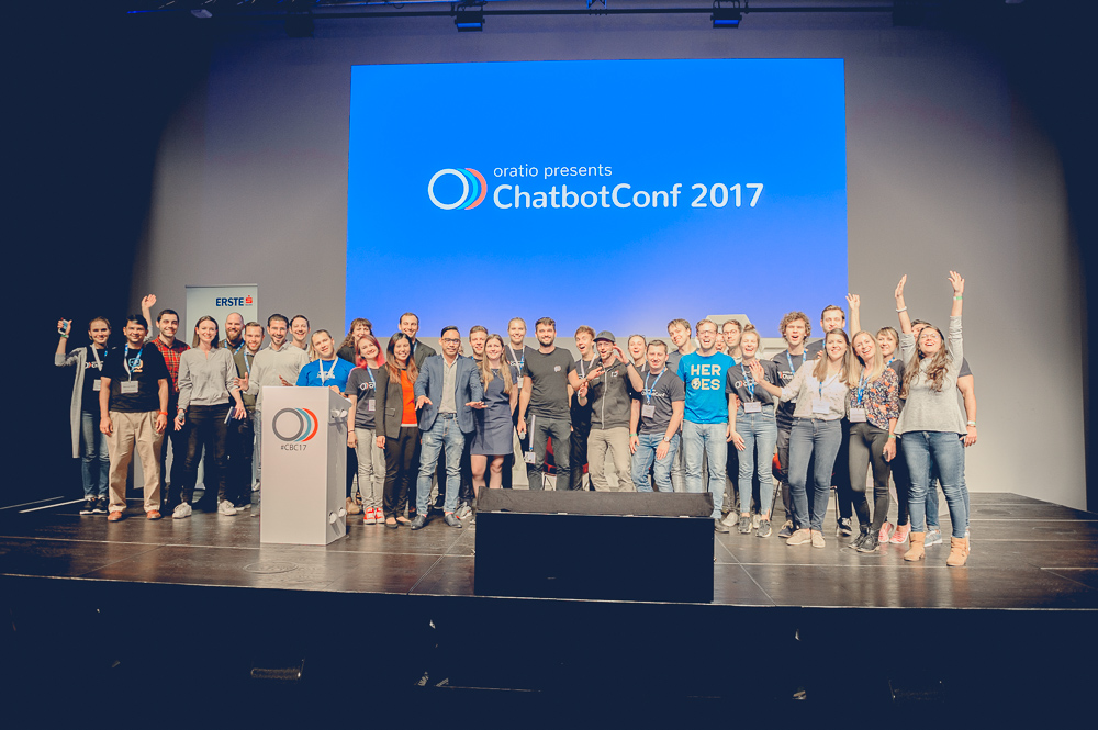 Team oratio, speakers and volunteers on stage at ChatbotConf 2017